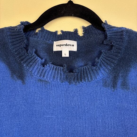 SUPERDOWN Womens Narelle Crop Sweater Size Large Blue Tie Dye Distressed Knit‎ - Picture 6 of 13